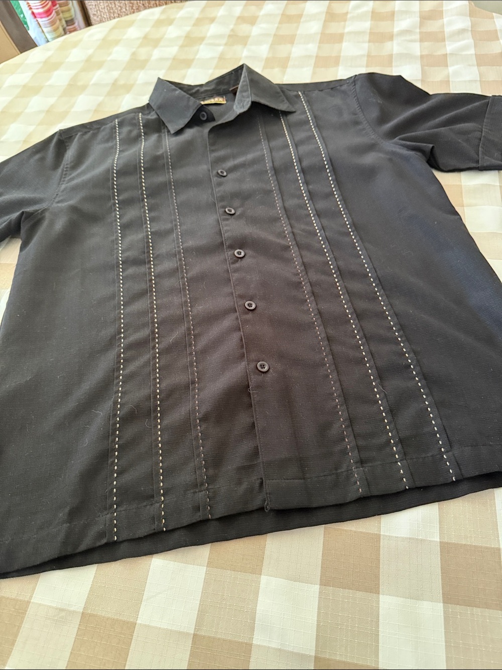 Cubavera Black Short-Sleeve Button-Down Shirt with Contrasting Stitch Panels